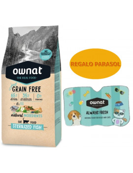 OWNAT Just Grain Free Gato Esterilizado 8Kg con Pescado + REGALO Parasol