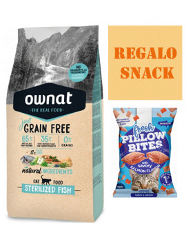 OWNAT Just Grain Free Gato Esterilizado 8Kg con Pescado + REGALO Snack